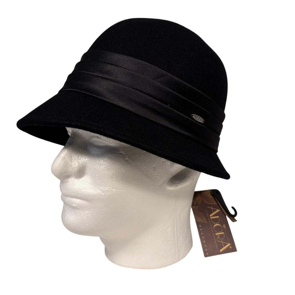 Adora Black Wool Floral Ribbon Felt Winter Cloche Hat Adjustable Womens OS NEW - Picture 7 of 13